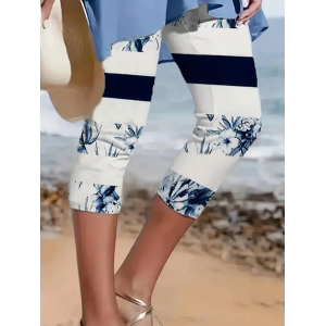 Women's Striped Capris Elastic Waist Pant Casual Summer Trousers