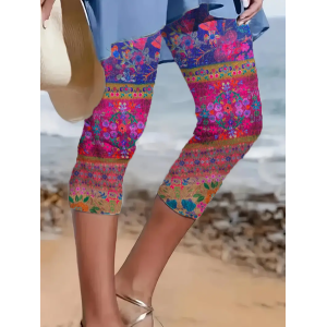 Women's Floral Capris Elastic Waist Pant Casual Summer Trousers