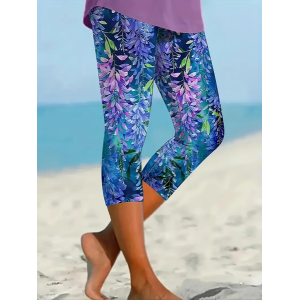 Women's Floral Capris Elastic Waist Pant Casual Summer Trousers