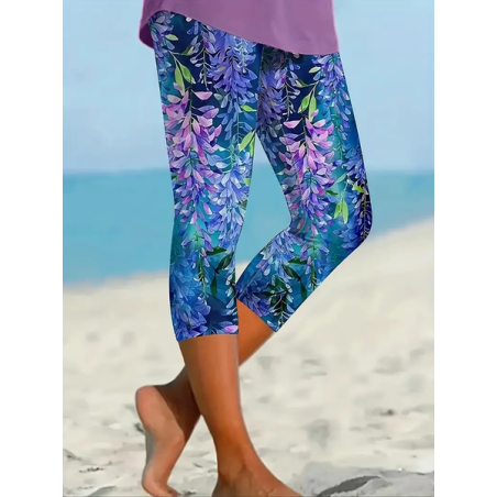 Women's Floral Capris Elastic Waist Pant Casual Summer Trousers