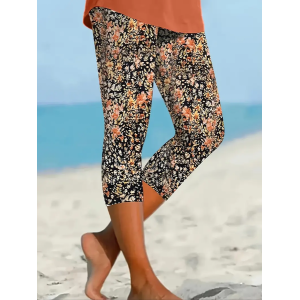 Women's Floral Capris Elastic Waist Pant Casual Summer Trousers
