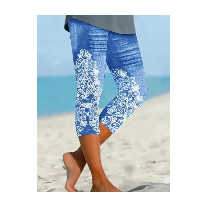 Women's Floral Capris Elastic Waist Pant Casual Summer Trousers
