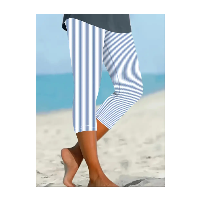 Women's Striped Capris Elastic Waist Pant Casual Summer Trousers