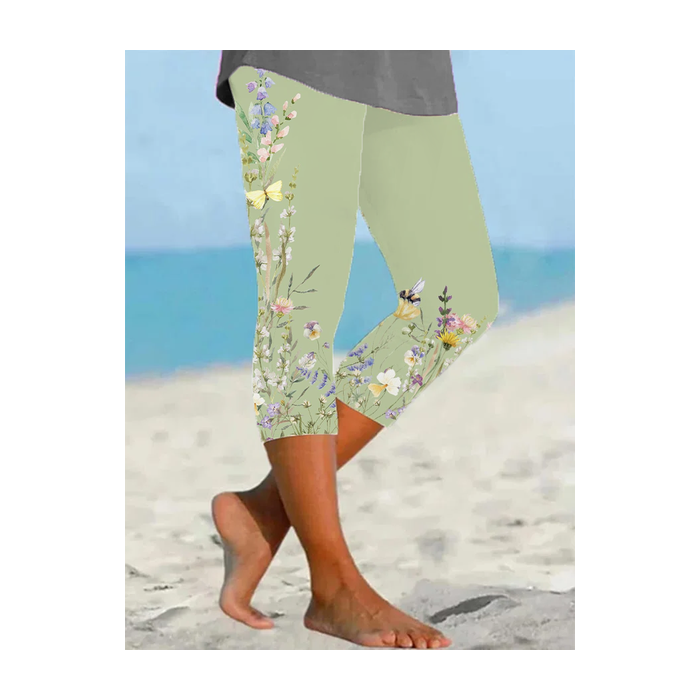 Women's Floral Capris Elastic Waist Pant Casual Summer Trousers