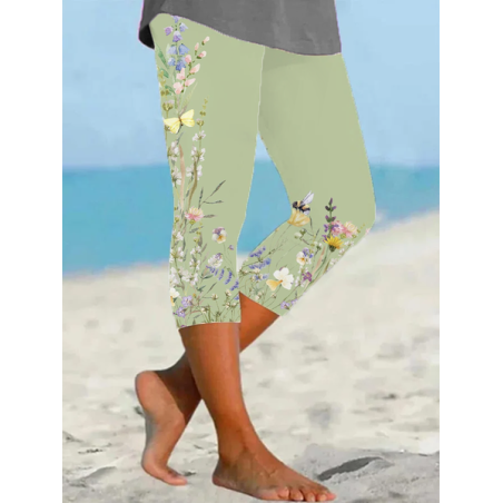 Women's Floral Capris Elastic Waist Pant Casual Summer Trousers