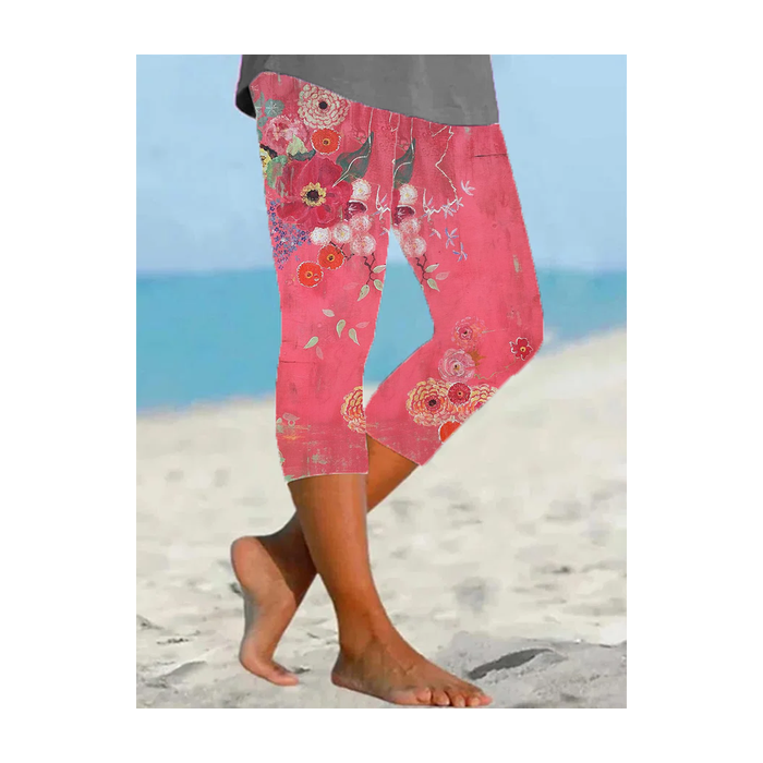 Women's Floral Capris Elastic Waist Pant Casual Summer Trousers
