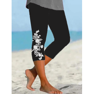 Women's Floral Capris Elastic Waist Pant Casual Summer Trousers