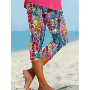 Women's Floral Capris Elastic Waist Pant Casual Summer Trousers