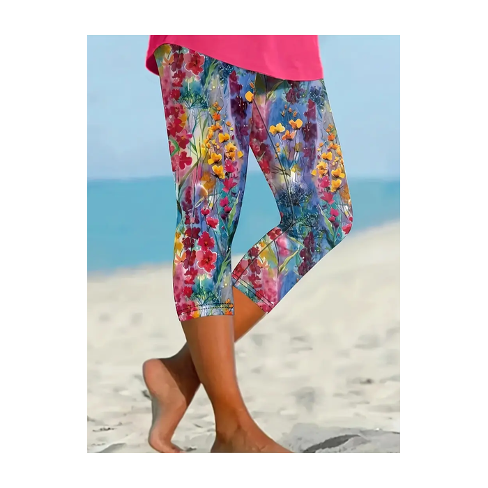 Women's Floral Capris Elastic Waist Pant Casual Summer Trousers
