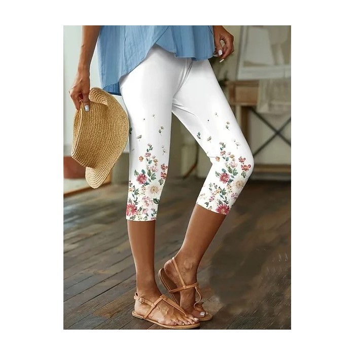 Women's Floral Capris Elastic Waist Pant Casual Summer Trousers