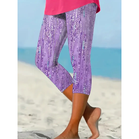 Women's Striped Capris Elastic Waist Pant Casual Summer Trousers