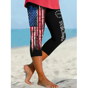Women Independence Day (Flag) Capris Elastic Waist Pant Casual Summer Trousers
