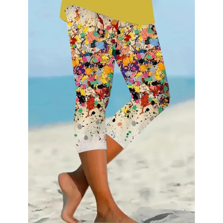 Women Abstract Capris Elastic Waist Pant Casual Summer Trousers
