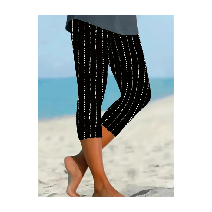 Women Striped Capris Elastic Waist Pant Casual Summer Trousers