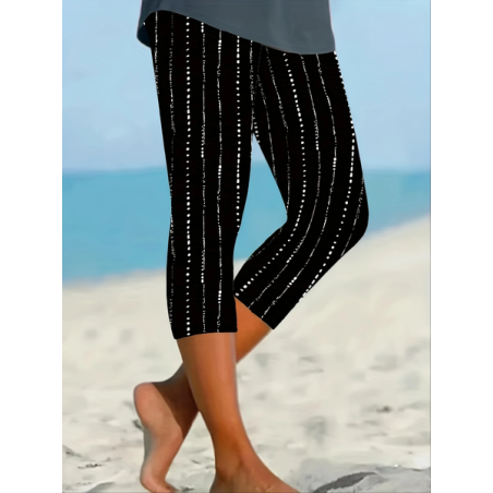 Women Striped Capris Elastic Waist Pant Casual Summer Trousers