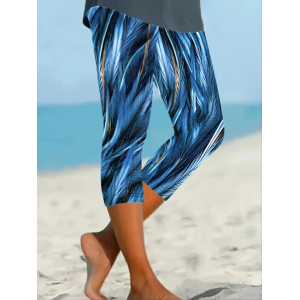 Women Abstract Capris Elastic Waist Pant Casual Summer Trousers