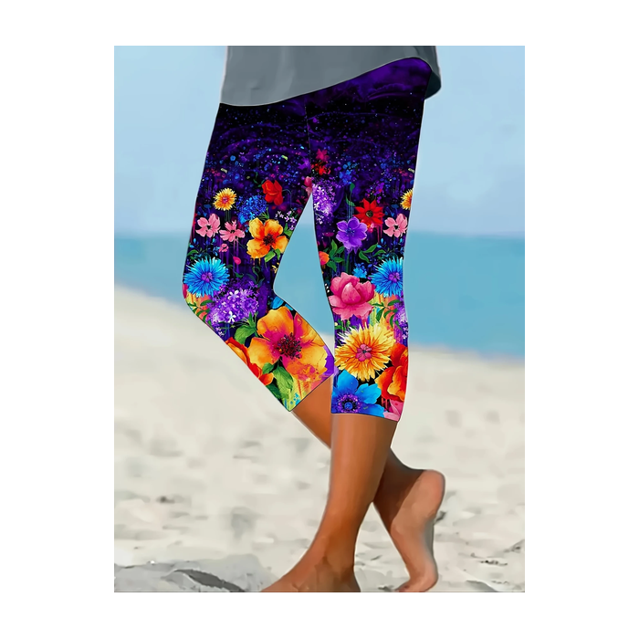 Women Floral Capris Elastic Waist Pants Casual Summer Trousers