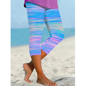 Women Striped Capris Elastic Waist Pants Casual Summer Trousers