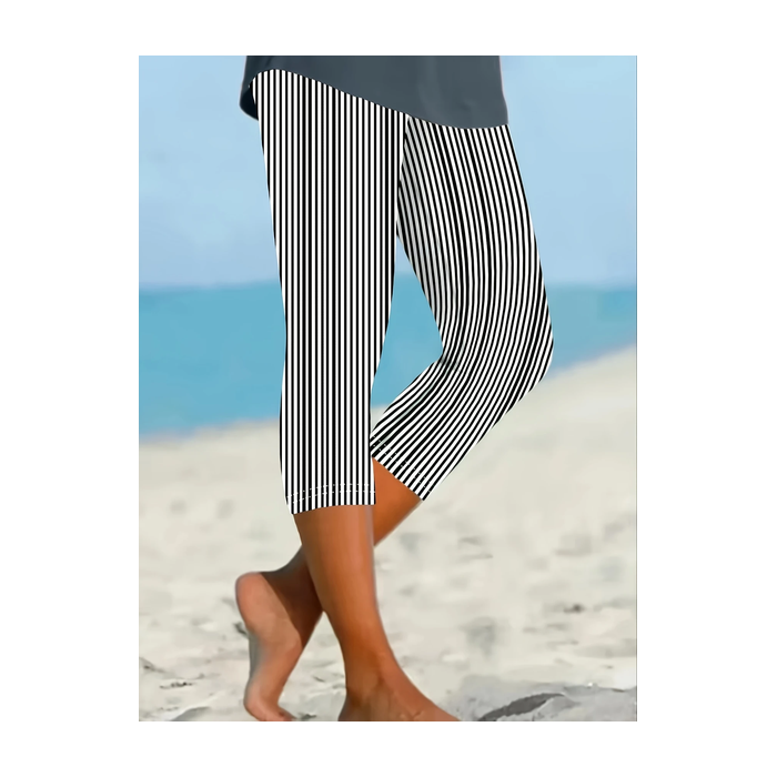 Women Striped Capris Elastic Waist Pants Casual Summer Trousers