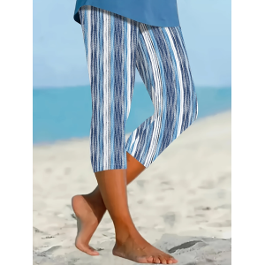 Women Striped Capris Elastic Waist Pants Casual Summer Trousers