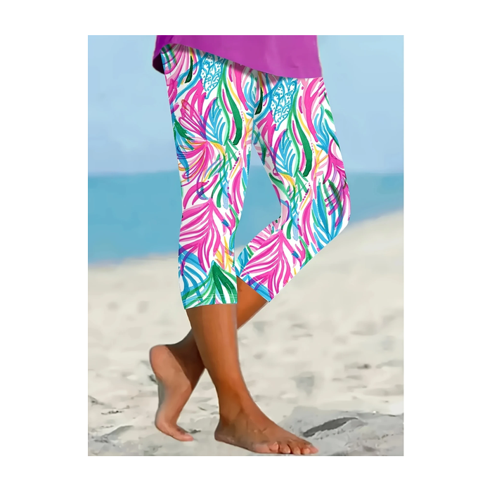 Women Floral Capris Elastic Waist Pants Casual Summer Trousers