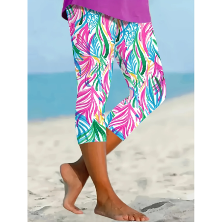 Women Floral Capris Elastic Waist Pants Casual Summer Trousers