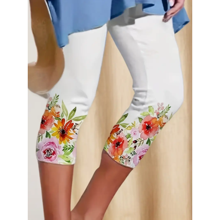 Women Floral Capris Elastic Waist Pants Casual Summer Trousers