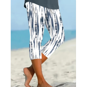 Women Abstract Stripes Capris Elastic Waist Pants Casual Summer Trousers