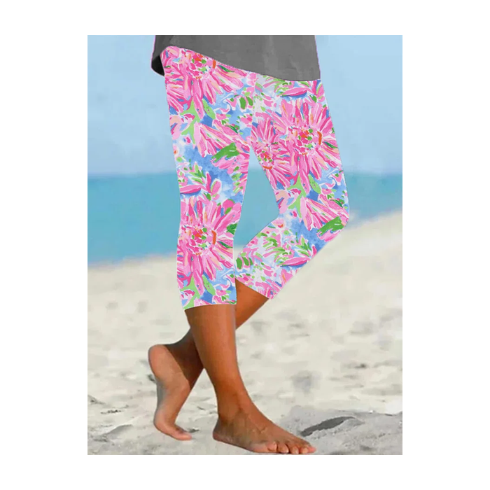 Women Floral Capris Elastic Waist Pants Casual Summer Trousers