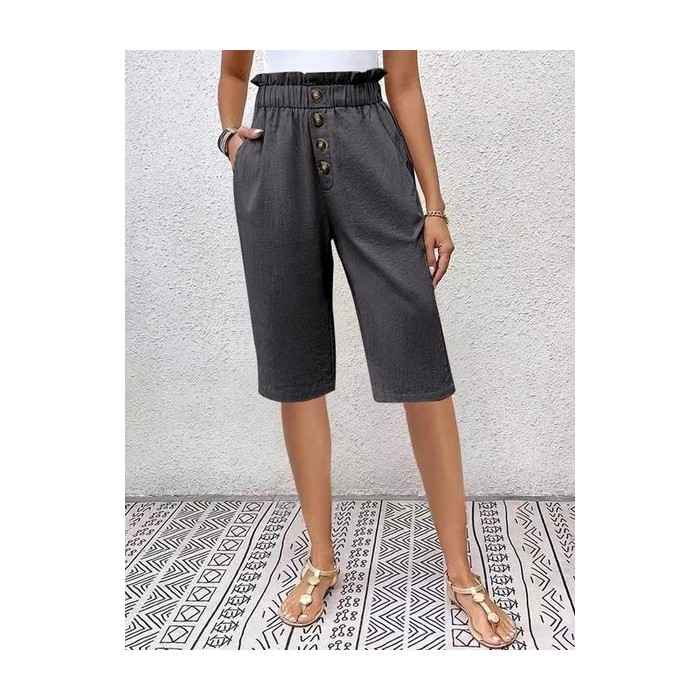 Women Plain Fifth Pants Elastic Waist Pants Casual Summer Trousers
