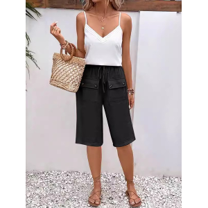 Women Plain Fifth Pants Elastic Waist Pants Casual Summer Trousers