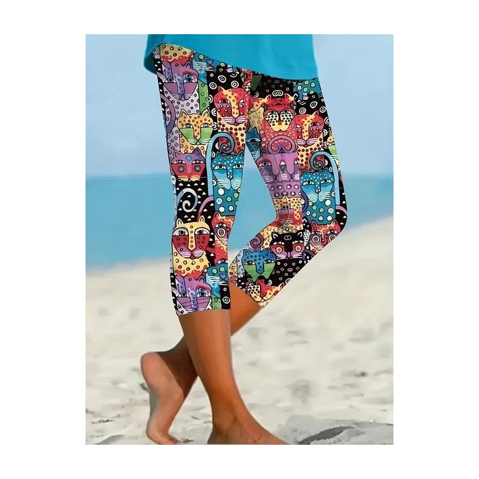 Women Cat Capris Elastic Waist Pants Casual Summer Trousers