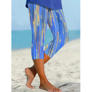 Women Abstract Capris Elastic Waist Pants Casual Summer Trousers