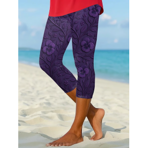Women Floral Capris Elastic Waist Pants Casual Summer Trousers