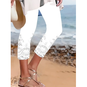 Women Floral Capris Elastic Waist Pants Casual Summer Trousers