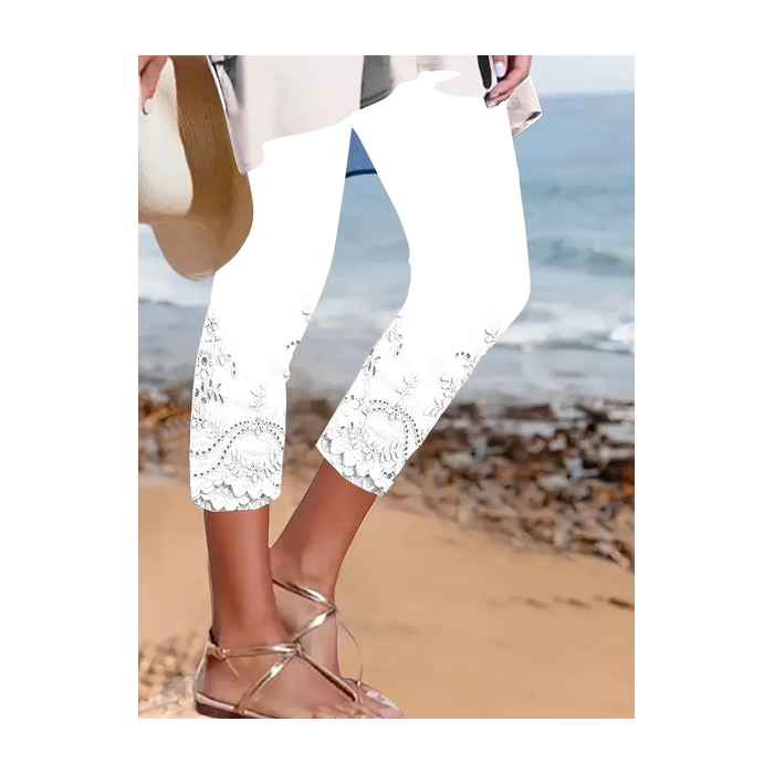 Women Floral Capris Elastic Waist Pants Casual Summer Trousers