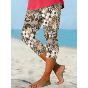 Women Floral Capris Elastic Waist Pants Casual Summer Trousers