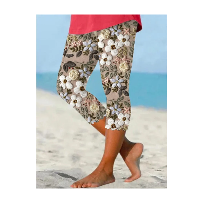 Women Floral Capris Elastic Waist Pants Casual Summer Trousers