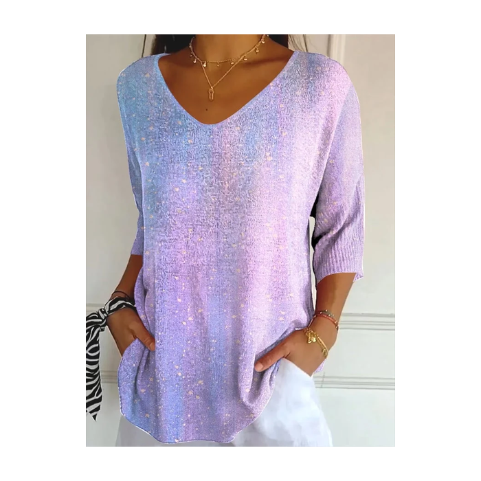 Women Abstract Three Quarter Sleeve Tee T-shirt V Neck Printing Casual Spring/Fall Graphic Tee Top