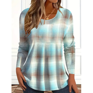 Women Abstract Plaid Long Sleeve Tee T-shirt Crew Neck Printing Casual Spring/Fall Graphic Tee Top