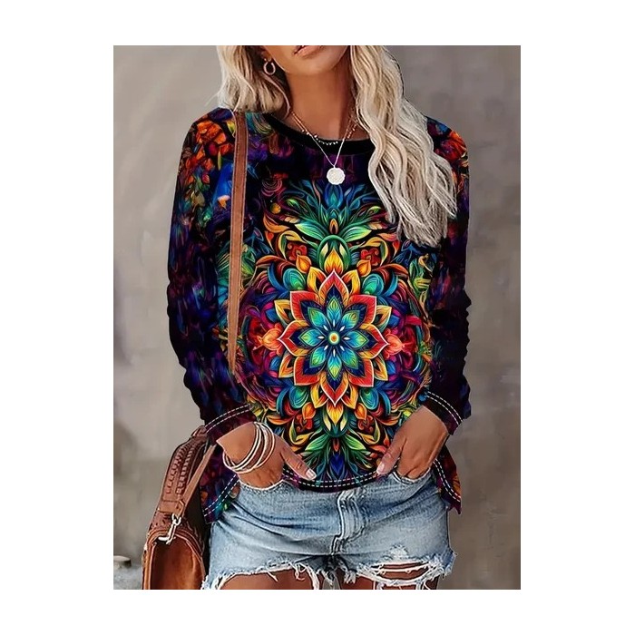 Women Abstract Long Sleeve Tee T-shirt Crew Neck Printing Casual Spring/Fall Graphic Tee Top