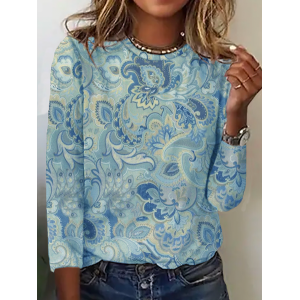 Women's Paisley Long Sleeve Tee T-shirt Crew Neck Vintage Spring/Fall Top