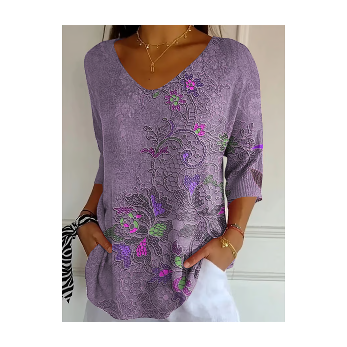 Women Floral Three Quarter Sleeve Tee T-shirt V Neck Printing Casual Spring/Fall Graphic Tee Top