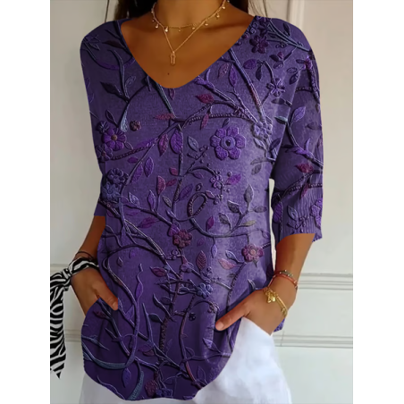 Women Floral Three Quarter Sleeve Tee T-shirt V Neck Printing Casual Spring/Fall Graphic Tee Top