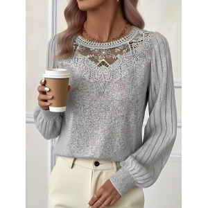 Drop Shoulder Ribbed Lace Collar Long Sleeve Spring And Autumn Knitted Commuter T-Shirt Top