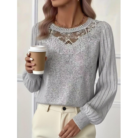 Drop Shoulder Ribbed Lace Collar Long Sleeve Spring And Autumn Knitted Commuter T-Shirt Top