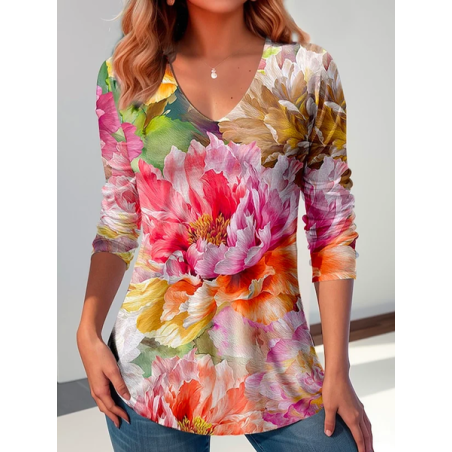 Women Floral Long Sleeve Tee T-shirt V Neck Printing Casual Spring/Fall Graphic Tee Top