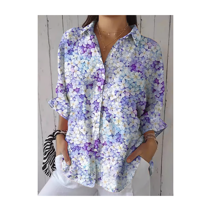 Women Floral Three Quarter Sleeve Shirt Spring/Fall Printing Shirt Collar Daily Casual Top
