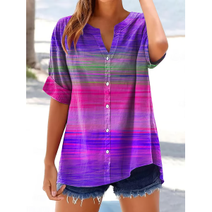 Women Abstract Stripes Short Sleeve Shirt Summer Printing V Neck Daily Casual Top