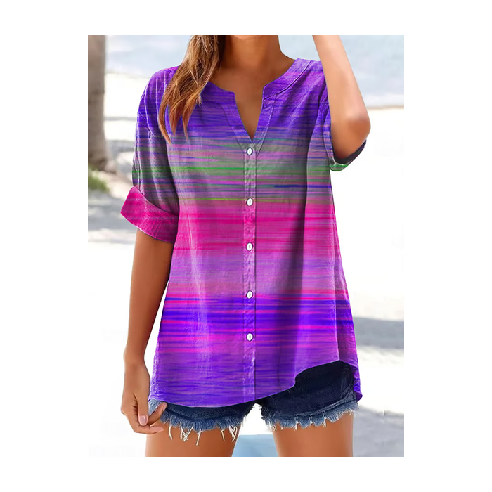 Women Abstract Stripes Short Sleeve Shirt Summer Printing V Neck Daily Casual Top